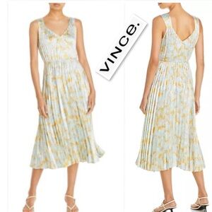 Vince Lotus 100% Silk Pleated V Neck Dress In Warm Sand Size M